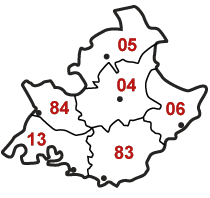 var 83, alpes maritimes 06, bouches du rhone 13, vaucluse 84, hautes alpes 05, alpes de hautes provence 04